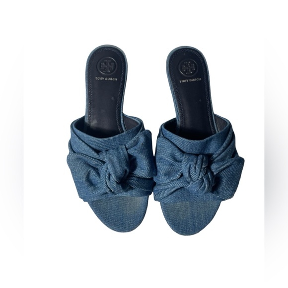 Tory Burch Shoes - TORY BURCH  Annabelle Bow Slide Sandal FLAT SLIP ON DENIM CHAMBRAY 6.5